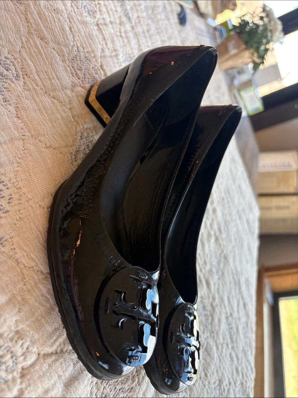 Tory Burch Black Patent Logo Block Heel Flats with Gold Heel Accent